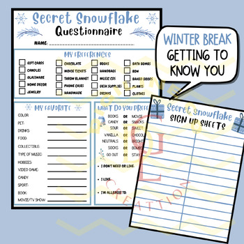 Preview of Winter Secret Snowflake Questionnaire Gift Exchange Sign Up worksheets activity