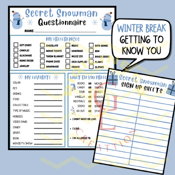 Preview of Winter Secret Snowman Gift Exchange Questionnaire Sign Up all about me activity
