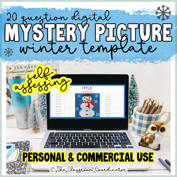 Preview of Winter Self Assessing Mystery Picture 20 Question Template Google Sheets Digital