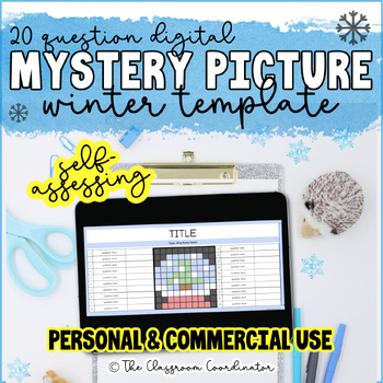 Preview of Winter Self Assessing Mystery Picture 20 Question Template Google Sheets Digital