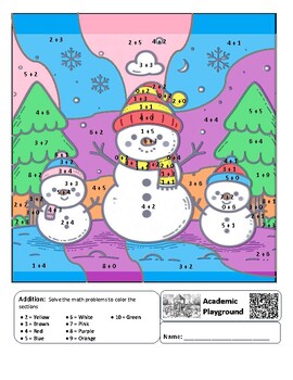 Preview of Winter Snow-Family Coloring by Code Worksheet (Addition 0 to 10)