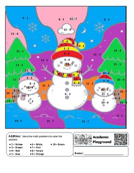 Preview of Winter Snow-Family  Coloring by Code Worksheet (Subtraction 0 to 10)