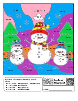 Preview of Winter Snow-Family  Coloring by Code Worksheet (Subtraction to 100)