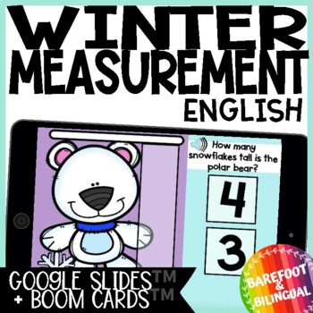 Preview of Winter Snow Snowflake Measurement Boom Cards™ + Google Slides™ ENGLISH