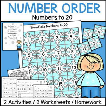 Preview of Winter Snow Theme Math Number Order to 20 Counting Activity Center Worksheets