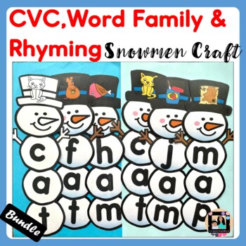 Preview of Winter Snowman CVC, Rhyming Words & Word Family Craft Activity Bundle