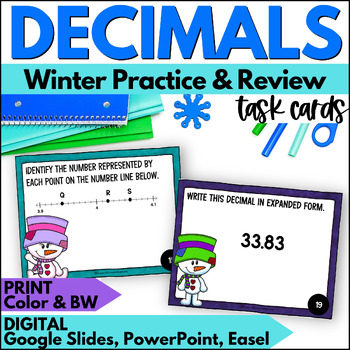 Preview of Winter Snowman Decimals Task Cards - January Math Practice & Review Activities