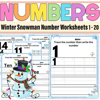 Preview of Winter Snowman Number Sense|Winter Numbers Worksheets 1-20|Trace, Write, Count
