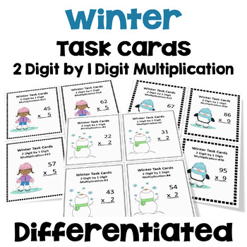 Preview of Winter Task Cards for 2 Digit by 1 Digit Multiplication - Differentiated