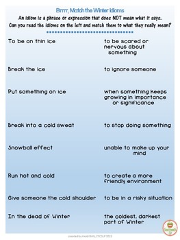 Winter Social Skills Idioms by SmartmouthSLP | TPT