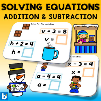 Preview of Winter Solving Equations with Variables Boom Cards - Hot Chocolate Stand