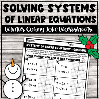 Preview of Winter Solving Systems of Linear Equations Corny Joke Printable Practice Pages