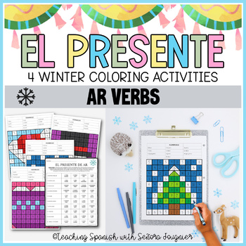 Preview of Winter Spanish Present Tense Ar Verbs Worksheets Coloring Activity  Sub Plans