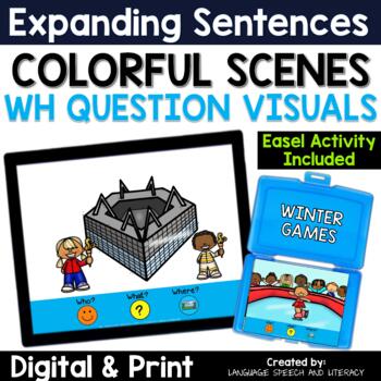 Preview of Winter Speech Therapy, Expanding Sentences, WH Question Visuals, Sports