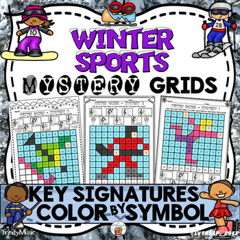 Preview of Winter Sports Mystery Grids (Key Signatures on the Treble Clef)