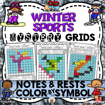 Preview of Winter Sports Mystery Grids (Notes and Rests)