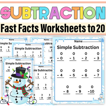 Preview of Winter Subtraction Fast Facts Worksheets 0 to 20| Winter Subtraction Pages 0-20