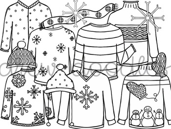 Winter Sweaters Digital Clip Art Set- Black Line Version by Drew Doodles