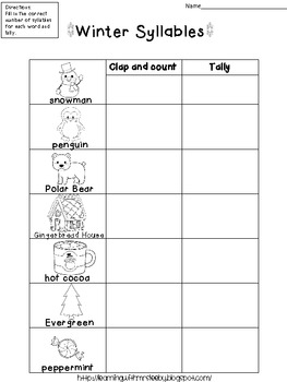 Winter Syllables and Tally Freebie by Mrs Leeby | TpT