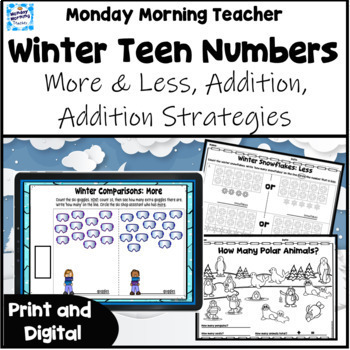 Preview of Winter Teen Number Addition More & Less printables digital distance learning