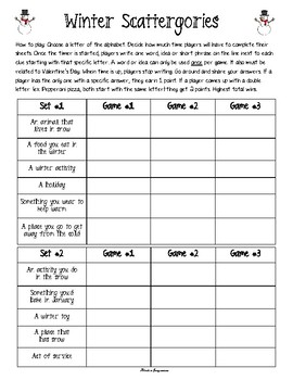 car theme scattergories lists printable