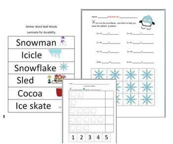 Preview of Winter Worksheets: Word Wall Words, Math, Sequencing, Match Game, Science