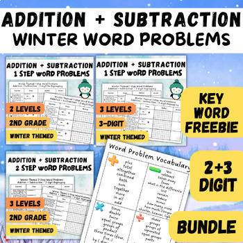 Preview of Winter Themed 1+2-Step Word Problems | 2 + 3-digit | 2nd + 3rd Grade Math Center
