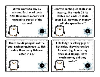 2 digit by 2 digit Multiplication Task Cards Winter-Themed Grades 3-5