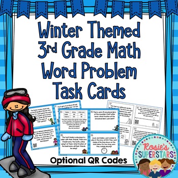 Preview of Winter 3rd Grade Math Word Problem Task Cards With Optional QR Codes
