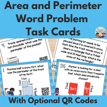 Preview of Winter Themed Area and Perimeter Word Problem Task Cards With Optional QR Codes