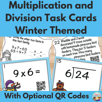Preview of Winter Themed Basic Multiplication and Division Task Cards with QR Codes