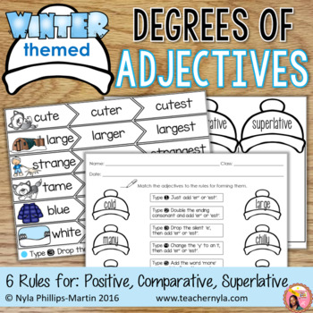 Preview of Winter Themed Degrees of Adjectives Worksheet Tables, and Sorting Mats