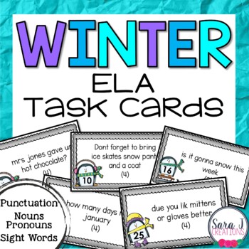 Preview of Winter Themed ELA Task Cards Fix the sentence Punctuation Parts of Speech