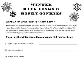 Winter-Themed Hink Pinks and Hinky Pinkies by Teacher's Edition | TpT