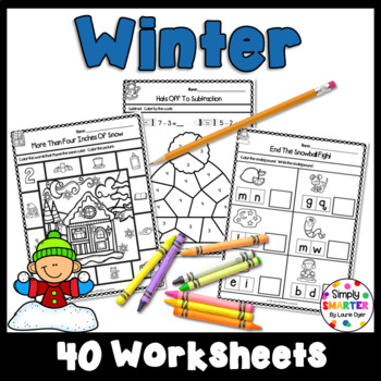 Preview of Winter Themed Kindergarten Math and Literacy Worksheets and Activities