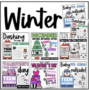 Preview of Winter Kindergarten Math Teen Numbers Task Cards MEGA BUNDLE
