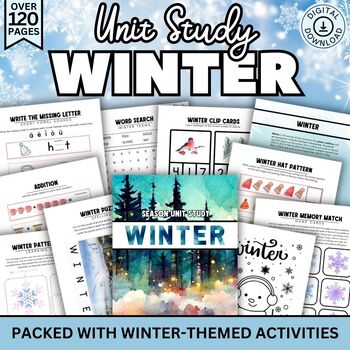 Preview of Winter Unit Study, Winter Activities, Worksheets, Games, Puzzles, Planner