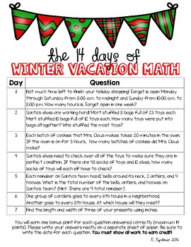 Winter Vacation Math Challenge by Rawley Ryckman | TpT