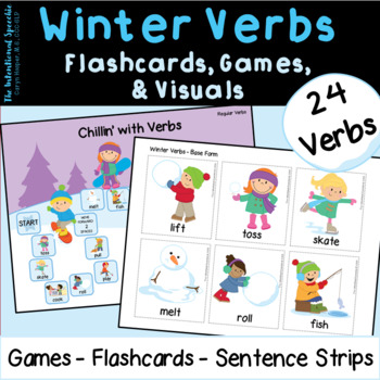 Preview of Winter Verbs Flashcards, Games, & Visuals - Regular & Irregular Verbs
