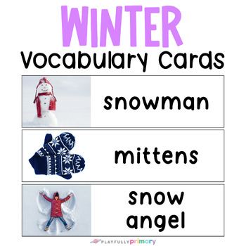 Preview of Winter Vocabulary Cards, Winter Word Wall Writing Center Cards - Real Pictures
