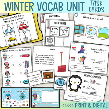 Preview of Winter Vocabulary Unit Task Cards | Print and Boom™ Cards