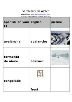 Preview of Winter Vocabulary words, pictures with English words/Spanish translations