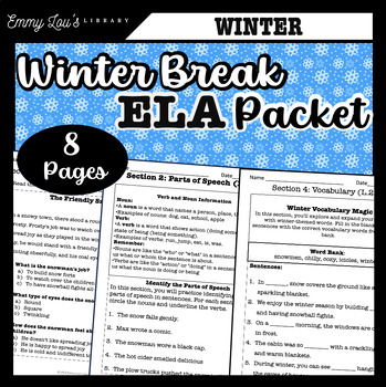 Preview of Winter Break Packet for Second Graders - ELA Reading & Writing Activities