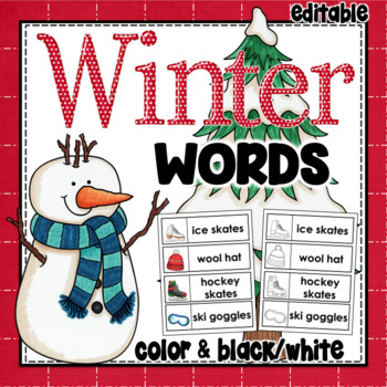 Preview of Winter Word Wall | Holiday  Word Cards | Editable | Color and Black and White