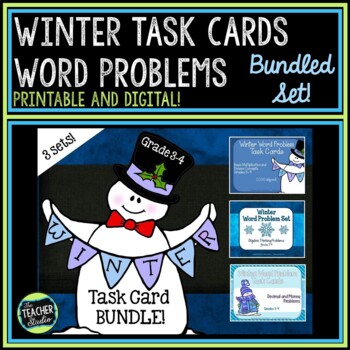 Preview of Winter Word Problems Task Card Bundle for Grades 3-4 - Print and Digital