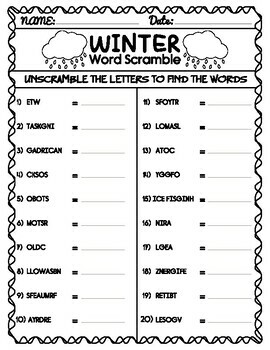 Winter Word Scramble, Winter Vocabulary Winter Fun Word Scramble