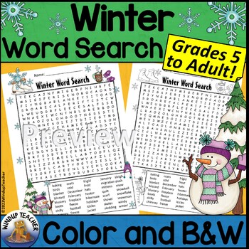 Preview of Winter Word Search Activity Hard for Grades 5 to Adult