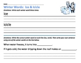 Winter Words Worksheets: Ice, Icicle, Snow, Snowflake (2 pack)