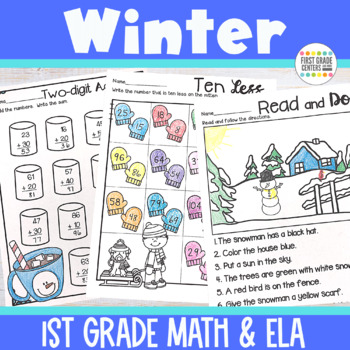 Preview of Winter Worksheets First Grade | Print and Go January Math and Science of Reading