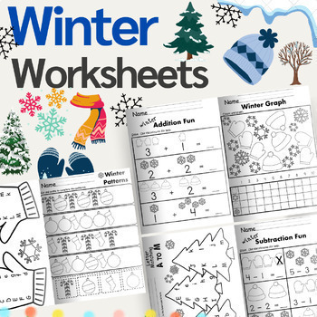 Preview of Winter Worksheets Numbers & Letters Trace, Count, Color, Subtraction & Addition
